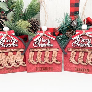 Personalized Barn & Boots Christmas Ornament: Custom Family Name Gift