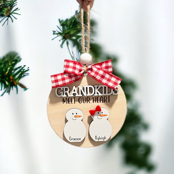 Grandkids Melt My/Our Heart Custom Snowman Ornament, Grandkids Ornament, Gift for Grandparents,Christmas Ornament, Grandparent keepsake 2023