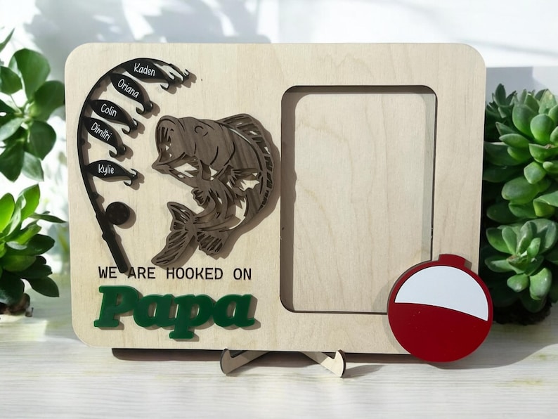 Personalized Fishing Picture Frame: Hooked on Dad, Engraved Wood Gift, Father's Day image 5