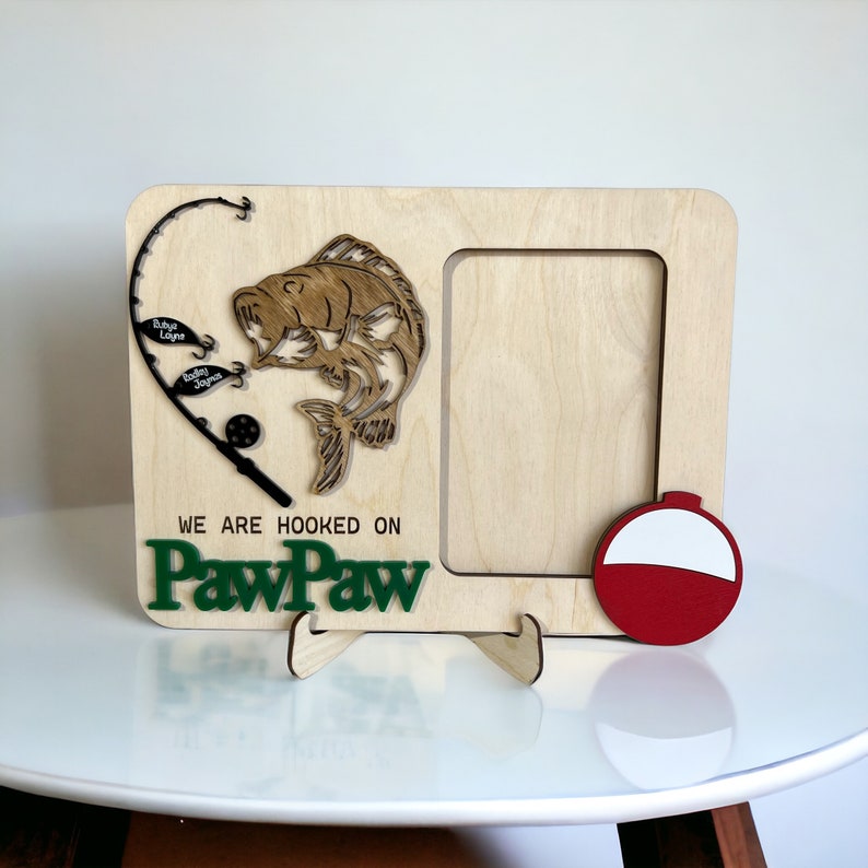 Personalized Fishing Picture Frame: Hooked on Dad, Engraved Wood Gift, Father's Day image 3