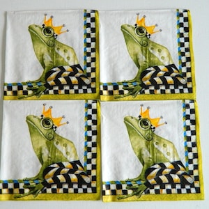 Retired 4 individual Mackenzie-Childs Triple Ply Paper Cocktail Frog Napkins Courtly Check Decoupage Crafts Entertaining image 1
