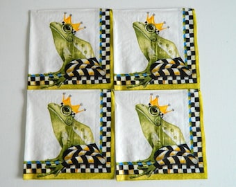 Retraité 4 serviettes individuelles en papier Mackenzie-Childs triple épaisseur Grenouille cocktail Courtly check Artisanat de découpage Recevoir