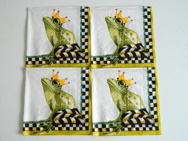 Retired 4 individual Mackenzie-Childs Triple Ply Paper Cocktail Frog Napkins Courtly Check Decoupage Crafts Entertaining image 1