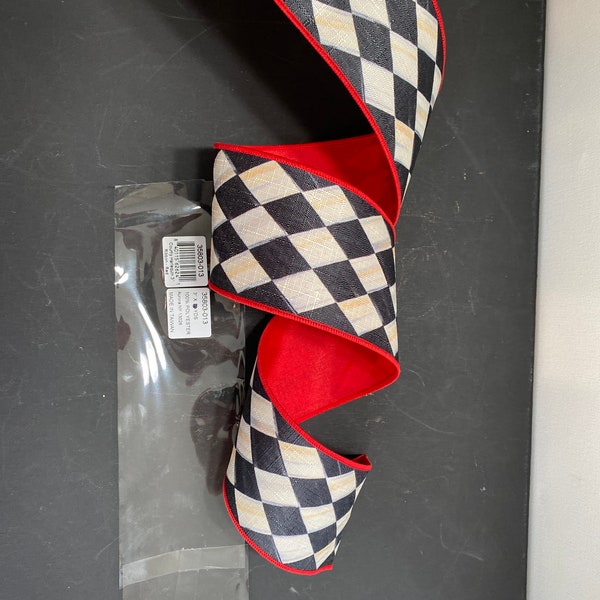 Sold by the yard Mackenzie Childs Authentic Courtly HARLEQUIN~Wire Edge Ribbon 3" Width RED back