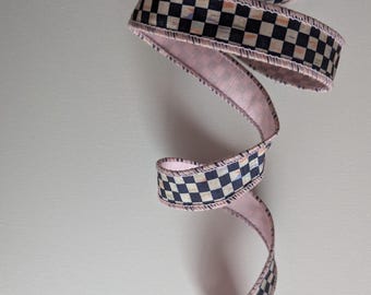 Courtly Check Ribbon – Black & White, Pink Wire Edge, Sold by the Yard