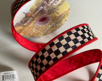 Sold by the Yard 1" Mackenzie Childs Courtly Check~Wire Edge Ribbon RED backing  Authentic
