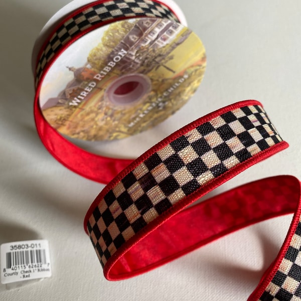 Sold by the Yard 1" Mackenzie Childs Courtly Check~Wire Edge Ribbon RED backing  Authentic