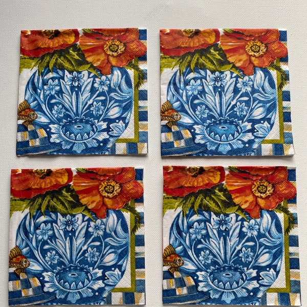 Set of 4/FOUR/individual  MacKenzie-Childs Ming Poppies Paper Napkins - Cocktail  Check Blue Decoupage Crafts Entertaining