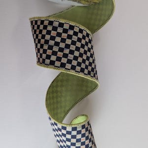 Mackenzie Childs Style Ribbon: Black and White Check, Spring Green Edge - 2.5&quot; Wide