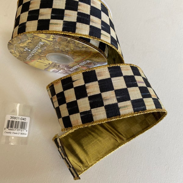 Sold by the Yard-Mackenzie Childs 2 Inch Courtly Check Reversible Gold Lame Lining Wired Ribbon  .