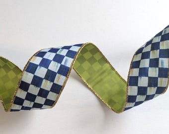Sold by the Yard Mackenzie Childs Royal Check Wired Ribbon - 2" Wide with Lime backing and gold trim.
