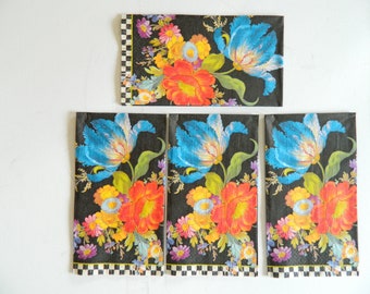 Ensemble de 4 serviettes en papier individuelles Mackenzie Childs Black Flower Market / Invité 20 x 4,5 pouces / Artisanat de découpage divertissant