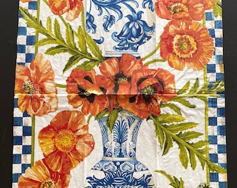 4 serviettes en papier individuelles à servir pour décoration Vase à fleurs bleu coquelicots Mackenzie Childs Ming de style asiatique, pour travaux manuels et réceptions.