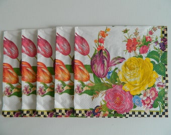 5 individuels Mackenzie Childs retraité 8" papier serviettes de table marché aux fleurs blanc courtois chèque artisanat découpage