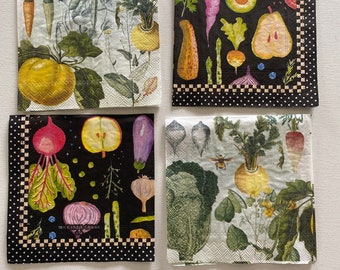 Ensemble de 4 serviettes de cocktail individuelles de légumes au total inclus 2 serviettes en papier Mackenzie Childs pour le découpage, Crafts Entertaining.