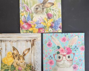 Lot de 3 serviettes cocktail lapin, lapin, canard-serviettes de découpage de Pâques-serviettes de découpage de printemps, travaux manuels divertissants