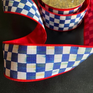 Sold by the Yard - 2&quot; Mackenzie Childs Royal Check Red Back Wire Edge Ribbon RED backing  Authentic