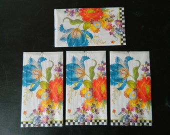 4 Individual Mackenzie Childs White Flower Market Paper Napkins / Guest Size 8" x 4.5" / Decoupage Crafts Entertaining/Retired
