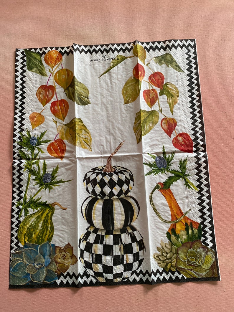 Puede incluir: Un conjunto de tres calabazas blancas con patrones de cuadros negros y blancos apiladas una encima de la otra. Las calabazas est&aacute;n rodeadas de hojas verdes, calabazas naranjas y suculentas azules. El fondo es blanco con un borde en zigzag negro y blanco.