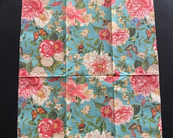 Teal Floral Paper Napkins: Pink Peonies, Hydrangeas, Butterflies - Set of 3
