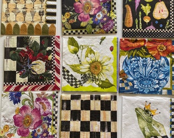 9 serviettes individuelles en papier cocktail Mackenzie Childs pour le découpage, travaux manuels et réceptions, saisons assorties