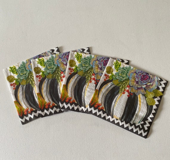 Set of 4/FOUR/individual Mackenzie Childs  Autumn Naturals Pumpkin  Cocktail Paper Napkins Decoupage Crafts Entertaining Paper art
