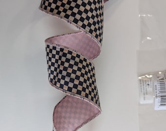 Black and White Check Ribbon: 2.5" Pink Edge, Wired - By The Yard