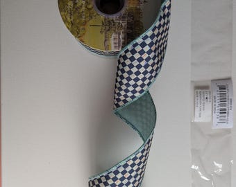 Mackenzie Childs Courtly Check Ribbon: 2.5" Black & White, Aqua Edge - Sold by the Yard