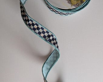 Cinta estilo Mackenzie Childs, cortada a medida: cuadros blancos y negros, borde aguamarina - 2,5 cm de ancho