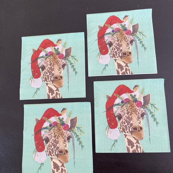 Set of 4/Four/individual  Giraffe in Santa Hat  Decoupage Paper Napkins  Animal ,  cocktail Size, Decoupage Scrapbook Serviette