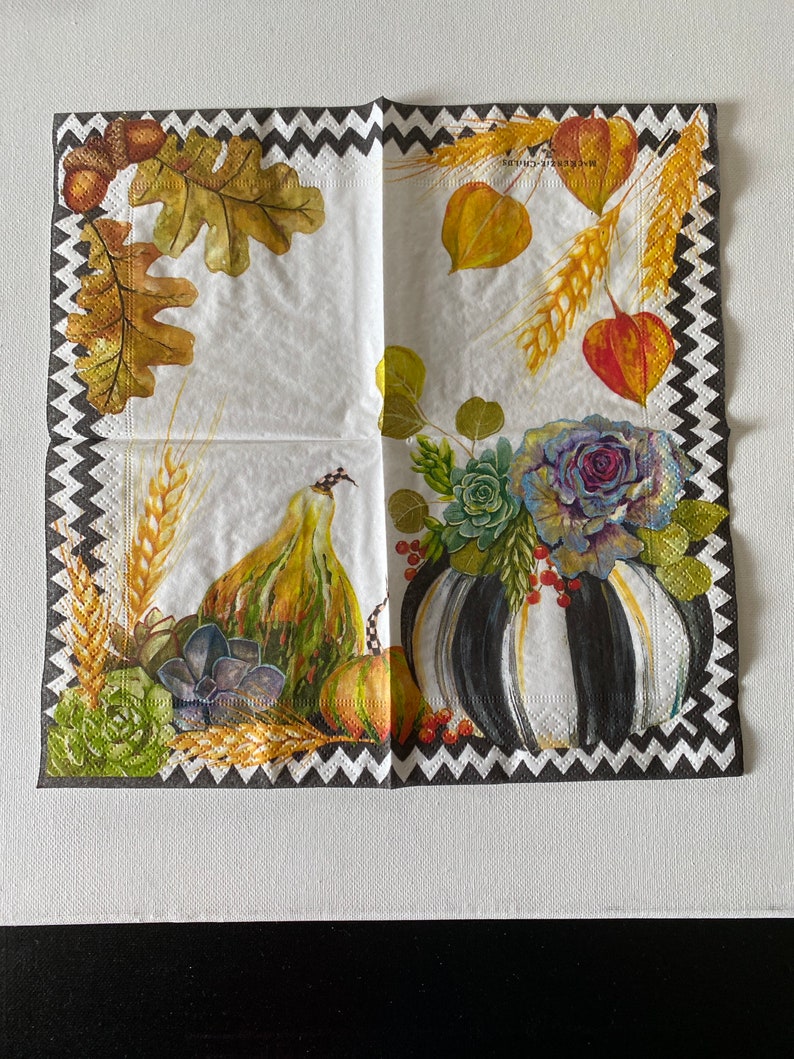 May include: A white paper napkin with a black and white chevron border. The napkin features a fall-themed design with gourds, wheat, leaves, and a black and white striped pumpkin.