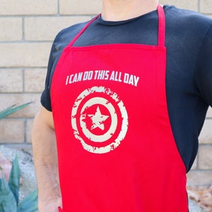 Chef Apron, Captain America: I Can Do This All Day, Long, Adult, Unisex, shield, super hero, Comic Book, Geek Gift, Nerd, Marvel Quote Red