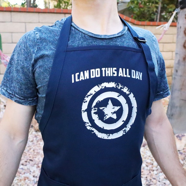 Chef Apron, Captain America: I Can Do This All Day, Long, Adult, Unisex, shield, super hero, Comic Book, Geek Gift, Nerd, Marvel Quote