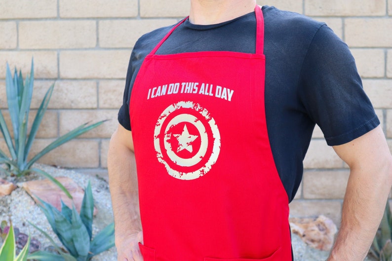 Chef Apron, Captain America: I Can Do This All Day, Long, Adult, Unisex, shield, super hero, Comic Book, Geek Gift, Nerd, Marvel Quote Red