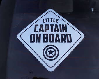 Little Captain On Board decal sticker, metallic, blue, special, baby, child, kid, alert, safety, hero, shield, comic, boy, girl, car, window