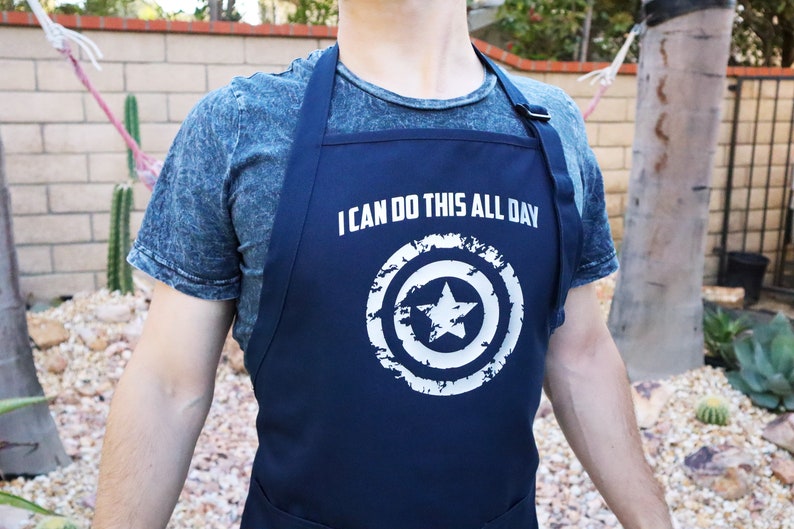 Chef Apron, Captain America: I Can Do This All Day, Long, Adult, Unisex, shield, super hero, Comic Book, Geek Gift, Nerd, Marvel Quote Navy