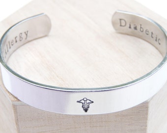 MEDICAL ALERT BRACELET Custom Ladies Cuff Bangle Illness Diabetic Nut Allergy Epilepsy Add Emergency Contact Inside For Women's Jewellery