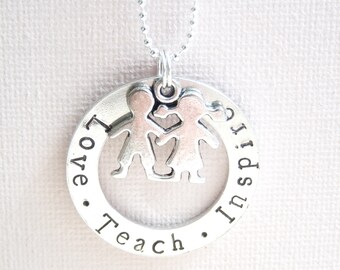 TEACHER'S GIFT NECKLACE Love Teach Inspire Long Line 40inch Chain Necklace End of Year Nursery Reception Infant School From Girl or Boy