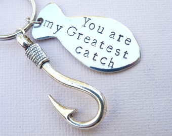 FISHING KEYRING Valentines Day Anniversary Birthday Gift For Husband Wife Boyfriend Him Fishing Hook Fish Greatest Catch! Hand-stamped Sport