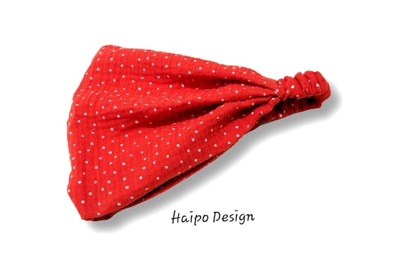 Bandana Headscarf Hairband Organic Muslin Red White Dots