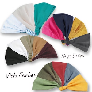 Könnte beinhalten: Ein Set mit 10 bunten Stirnbändern aus weichem, strukturiertem Stoff. Die Stirnbänder sind in verschiedenen Farben, darunter Türkis, Rosa, Braun, Weiß, Schwarz und Gelb. Der Text "Viele Farben" und "Haipo Design" ist im Bild sichtbar.