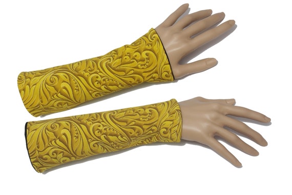 Arm warmers in yellow, black, floral, reversible wrist warmers