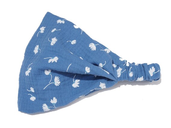 Muslin headscarf, sun protection for baby girls and women, headband in blue and white floral pattern