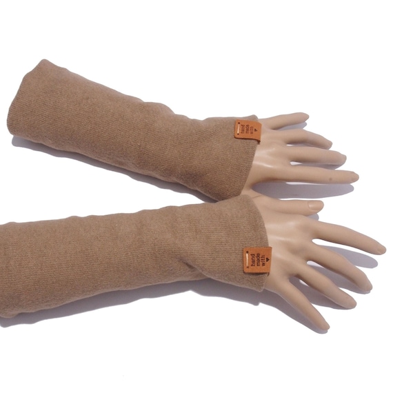 Arm warmers arm warmers dark beige wrist warmers vegan cotton knit fabric doubled
