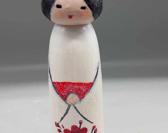 wooden White red  Bride Kokeshi doll hand painted figurine Japan handmade artisanal Customized Yuki ona