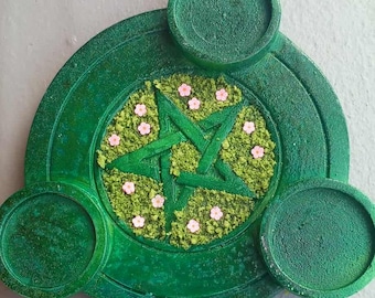 Pentagram tealight holder, Pentacle Candle hand painted green flower field  Wicca witch witchcraft Goth Romantic  fantasy