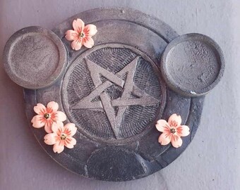 Pentagram tealight holder, Pentacle Candle hand painted stone Sakura Wicca witch witchcraft Goth Romantic  fantasy