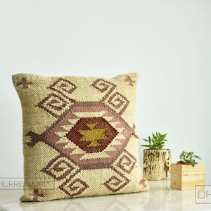 Set of 3 Jute Kilim Coshion Covers, Bohemian Decor Pillow Covers, Natural Jute Throw Pillow Cover