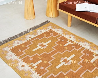 Navajo Boho Décor Rug, Handmade Wool Jute Rug, Wool Jute Kilim Rug Home Décor Rugs Custom Size Wool Rug, Vintage Area Rug