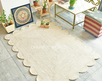 Off White Scallop Jute Rug, Scalloped Pattern Bohemian Rug, Natural Jute Area Rug, Boho Decor Rug, Handwoven Jute Custom Size Rug